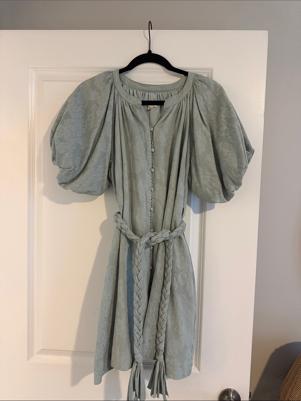 Just Me Sage Green Puff-Sleeve Braided-Belt Mini Dress